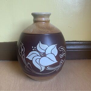 Vase ceramic flowerpot flower pot Cream Floral Design Brown Pottery
